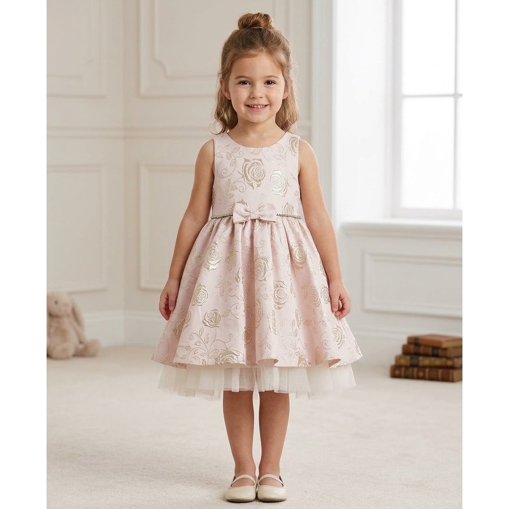 Couture Princess Pink Gold Rose Brocade Tulle Formal Dress Girl Size 5 46604